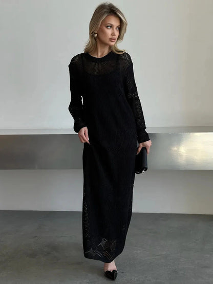 Lunara Maxi Dress by Lauven, elegant black crochet knit for stylish summer evenings.