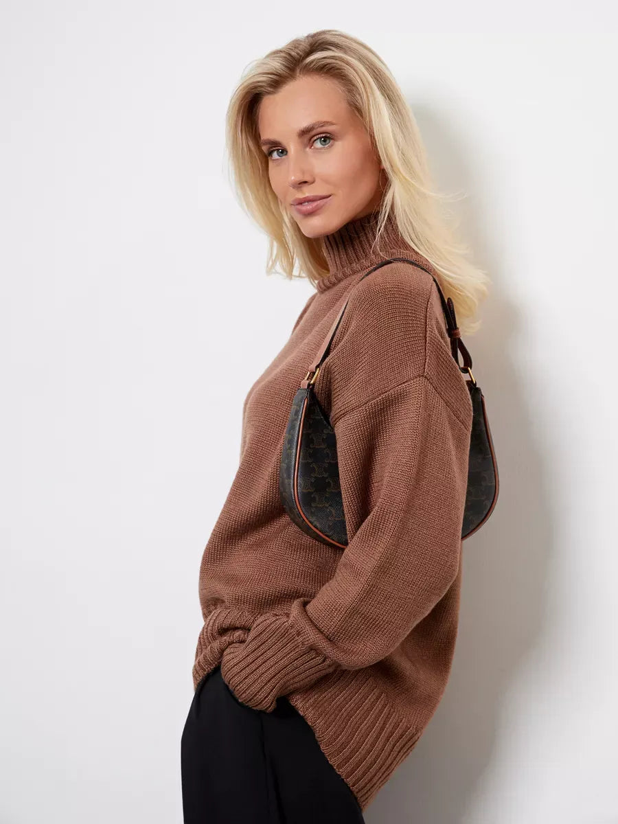 Maple Sweater in cocoa brown, oversized women’s wool knit by Lauven, featuring high turtleneck style.
