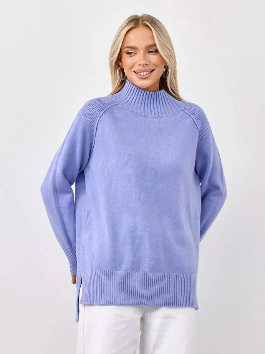 Lilac Sweater by Lauven - Oversized lavender cashmere knitwear with a high neck design, perfect for cozy days.