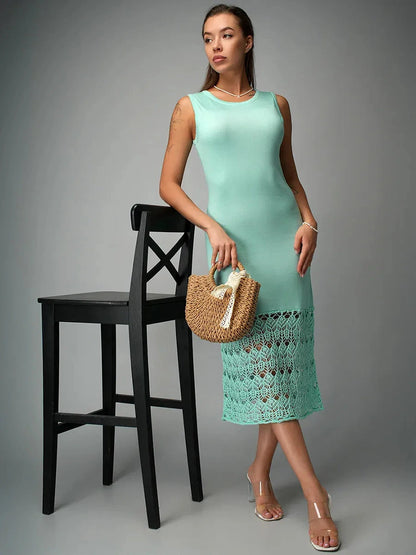 Lunara Midi Dress by Lauven featuring mint crochet hem and sleek silhouette for summer elegance.