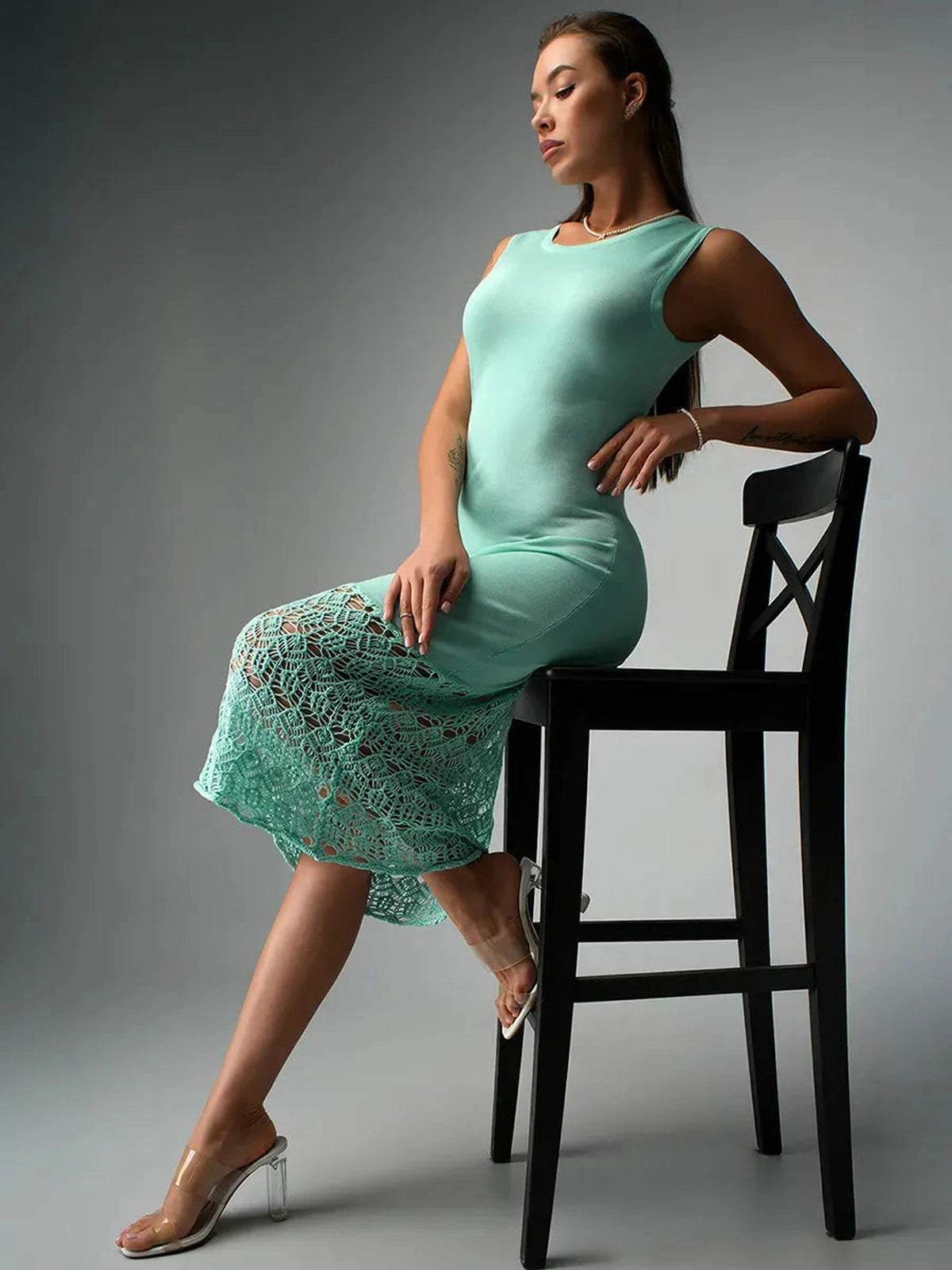 Lunara Midi Dress by Lauven in mint color, showcasing crochet lace hem for a summer-chic look.