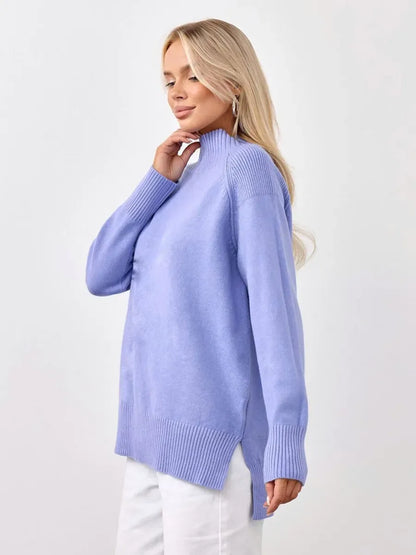 Lilac Sweater by Lauven, oversized lavender cashmere knitwear with high neck for a cozy fit.