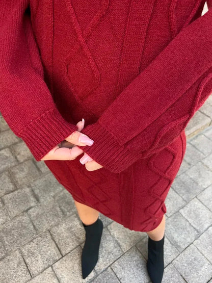 Crimson Midi Dress by Lauven, showcasing a textured burgundy knit design perfect for autumn layering.