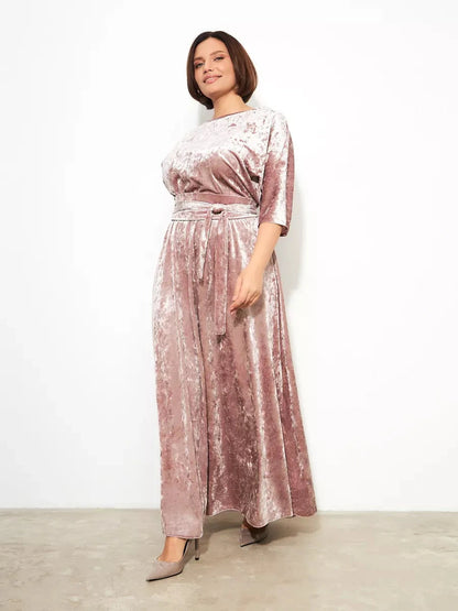 Rosalyn Maxi Dress by Lauven, soft pink velvet A-line evening gown featuring a relaxed fit and adjustable belt.