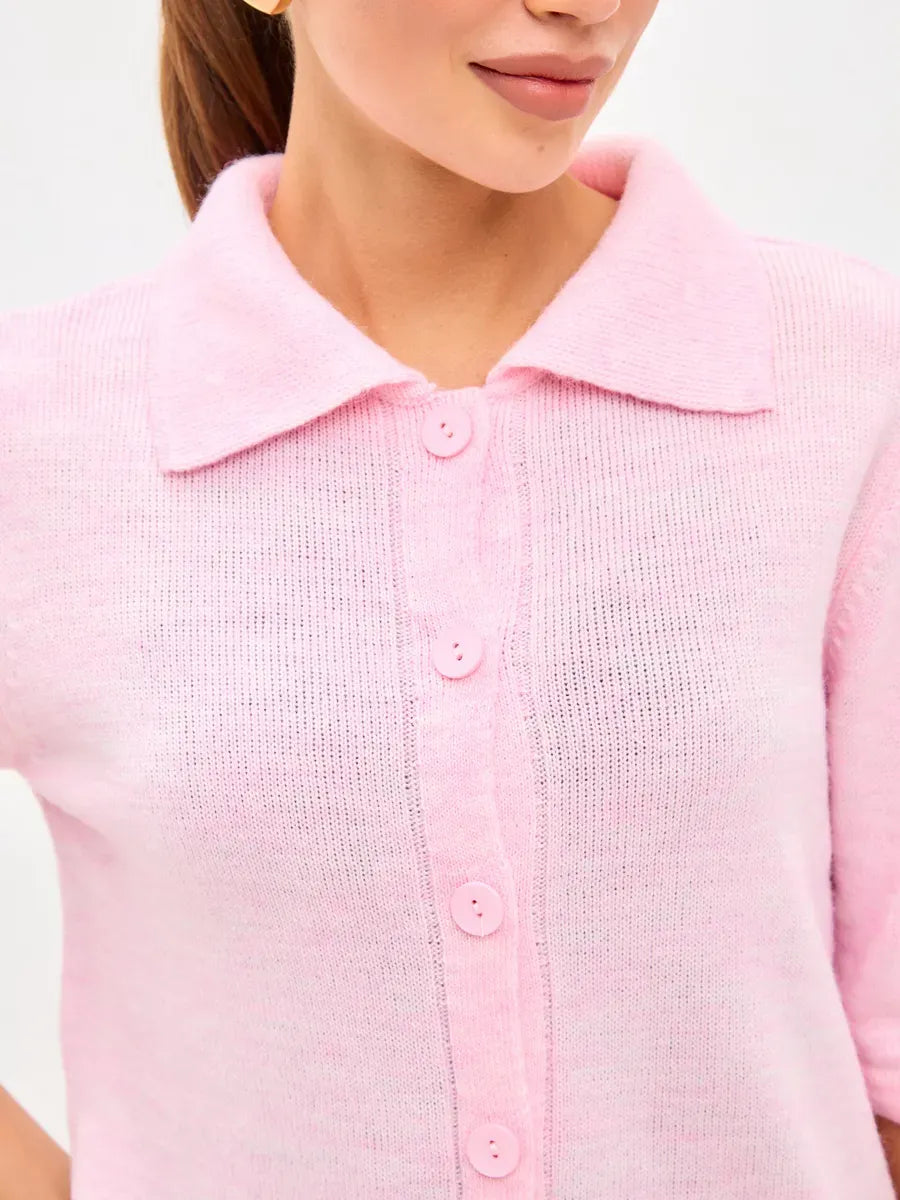 Vera Cardigan by Lauven – Lightweight pink wool blend knitwear with button closure and classic collar.