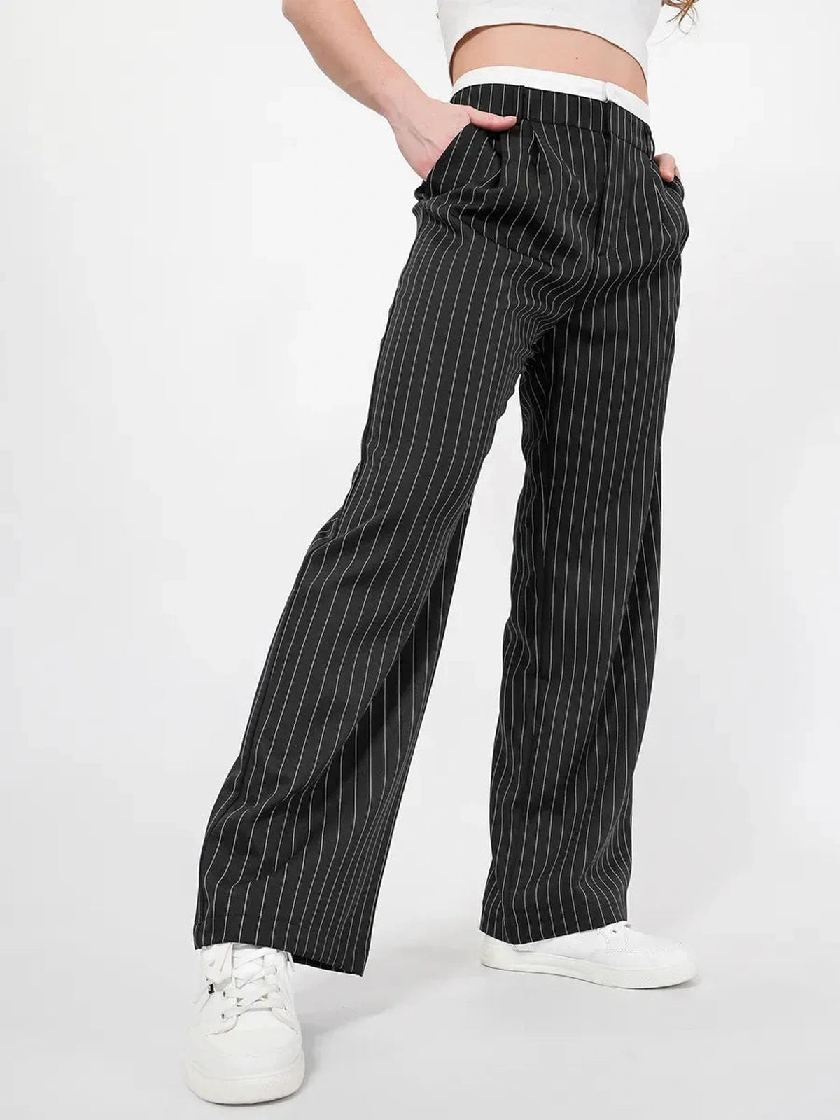 Orion Pinstripe Pants by Lauven showcasing a high-waist wide-leg tailored silhouette with elegant vertical pinstripes.