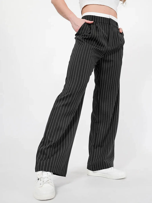 Orion Pinstripe Pants by Lauven showcasing a high-waist wide-leg tailored silhouette with elegant vertical pinstripes.