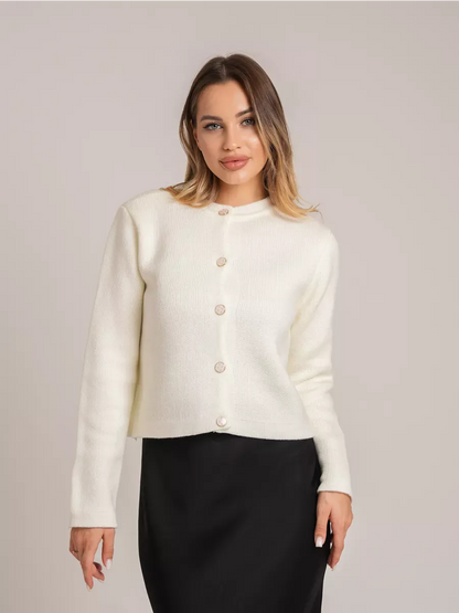 Ivory Cardigan by Lauven, creamy white short knit cardigan with decorative buttons, perfect for autumn styling.