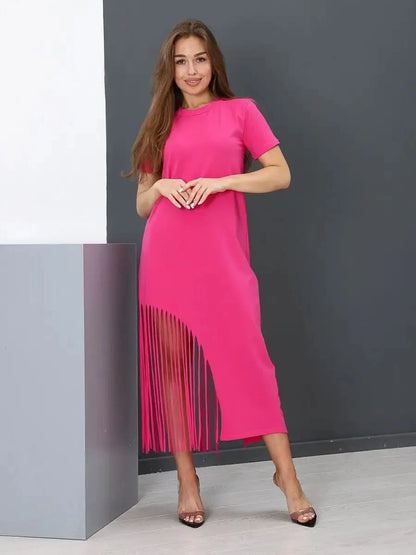 Capri Midi Dress by Lauven in fuchsia, showcasing fringe hem and elegant silhouette.