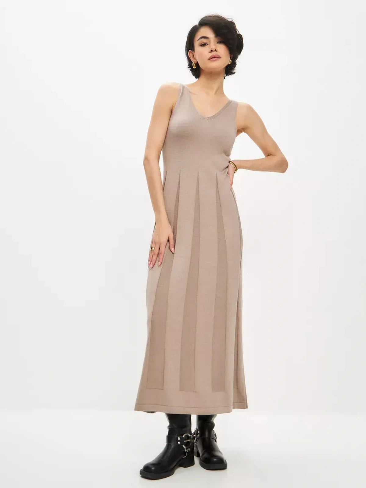 Siena Maxi Dress by Lauven in taupe knit ribbed fabric featuring an elegant v-neckline and structured silhouette.