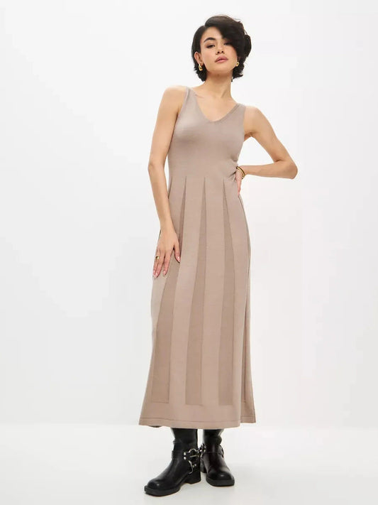 Siena Maxi Dress by Lauven in taupe knit ribbed fabric featuring an elegant v-neckline and structured silhouette.