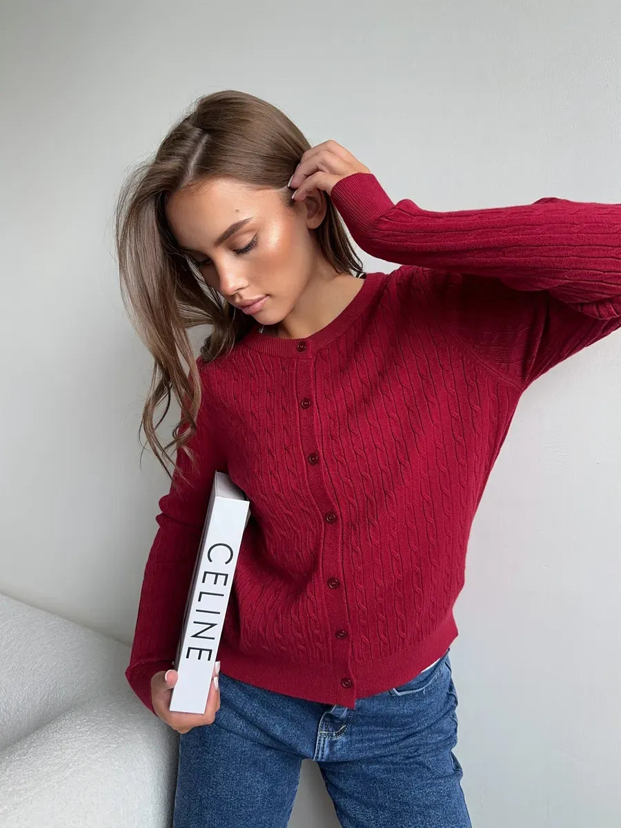 Elegant dark red Sienna Cardigan by Lauven with button detailing, perfect for sophisticated styling.