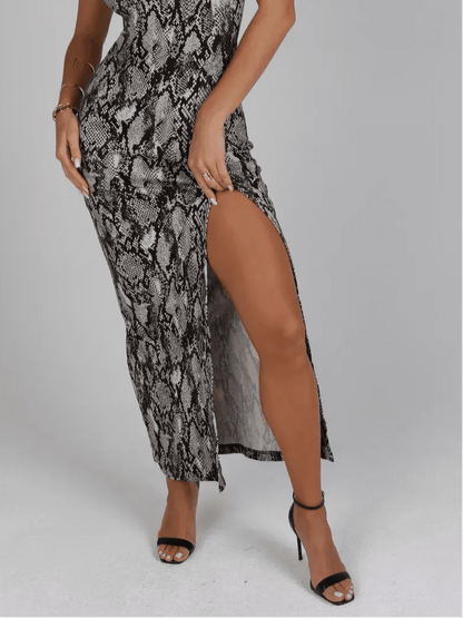 Nerine Maxi Dress by Lauven featuring a bold snakeskin print and elegant side slit for a chic silhouette.