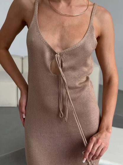 Calysta Maxi Dress by Lauven featuring soft knit texture, delicate straps, and a stylish open neckline.