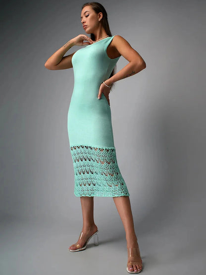 Lunara Midi Dress by Lauven, mint crochet elegance showcasing a figure-hugging fit and airy lace hem.