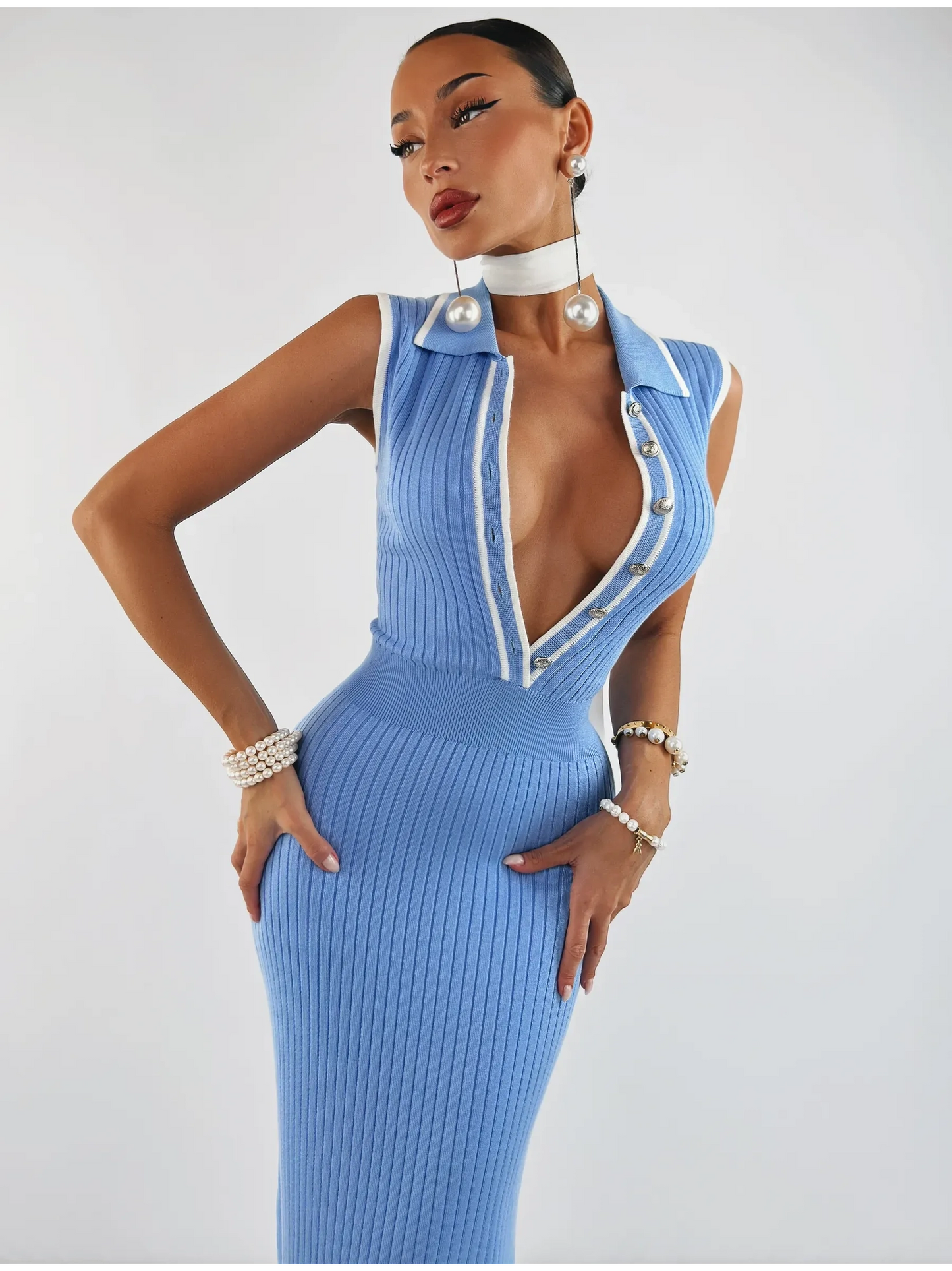 Celeste Midi Dress by Lauven in sky blue with ribbed knit texture and polo style.