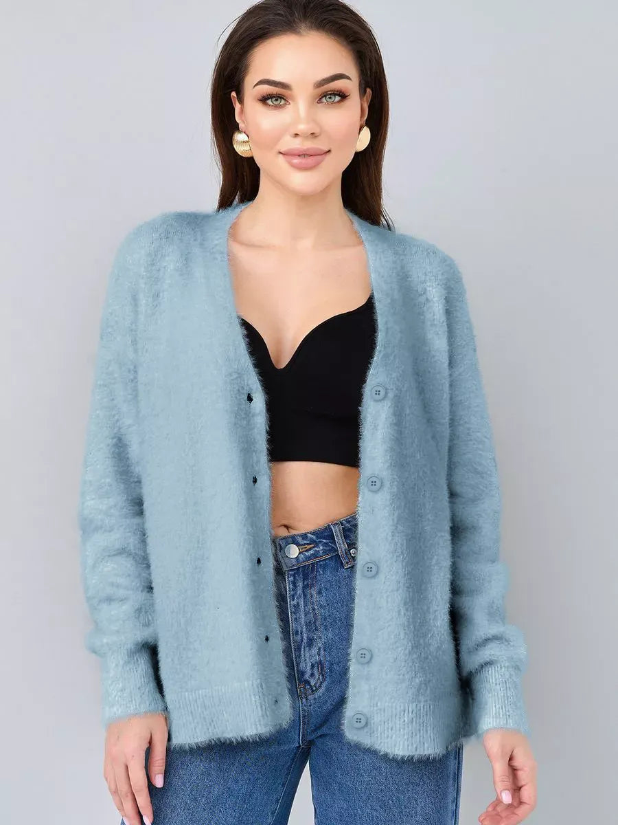 Skyler Cardigan by Lauven, soft blue oversized knitwear with button closure, perfect for layering in cooler weather.