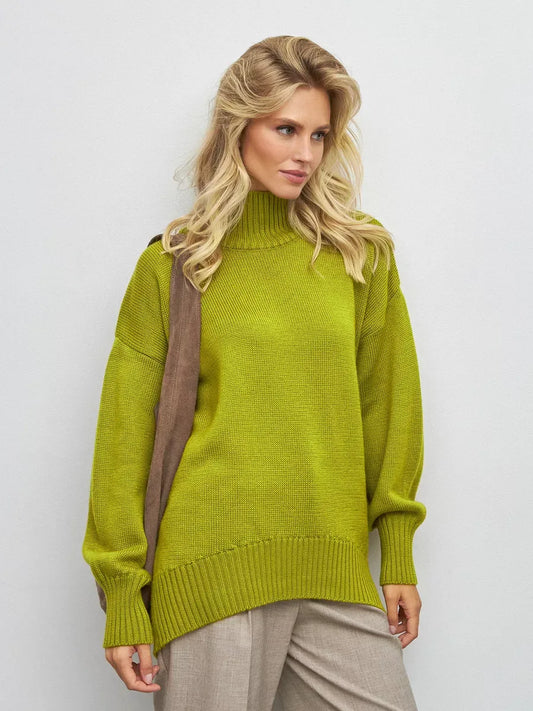 Vesper Sweater by Lauven in vibrant pistachio green, featuring an oversized fit and high turtleneck.