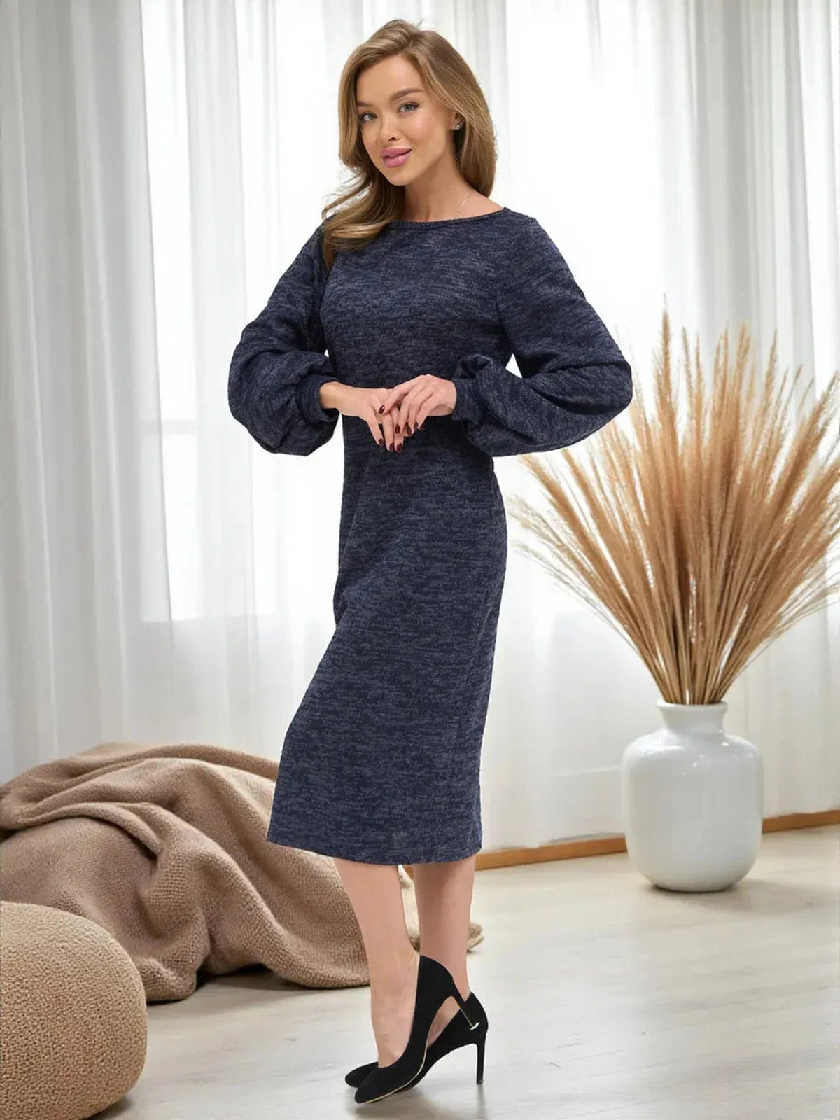 Celeste Midi Dress by Lauven, featuring elegant knit design and balloon sleeves in deep navy melange.