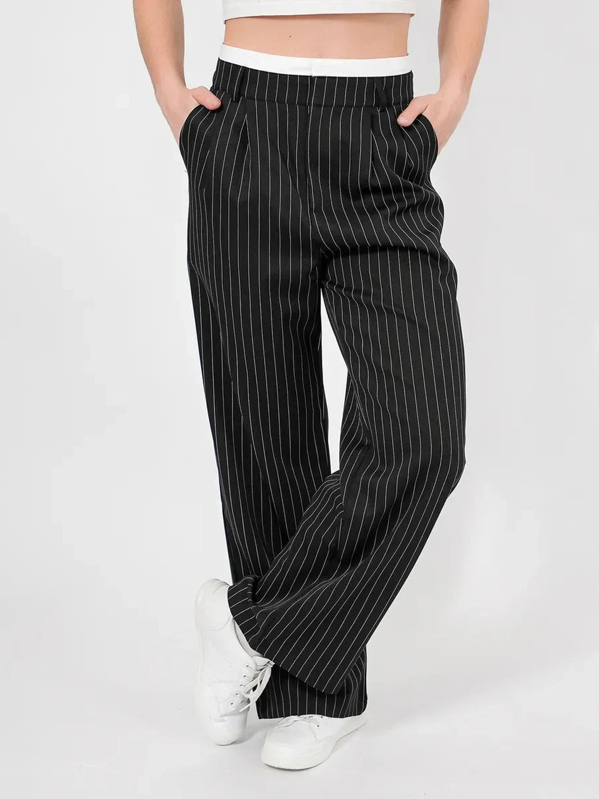 Orion Pinstripe Pants by Lauven, high-waist wide-leg tailored silhouette with elegant pinstripes.