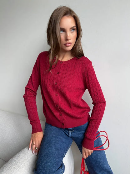 Elegant Sienna Cardigan by Lauven in dark red knit with button detailing, styled casually.