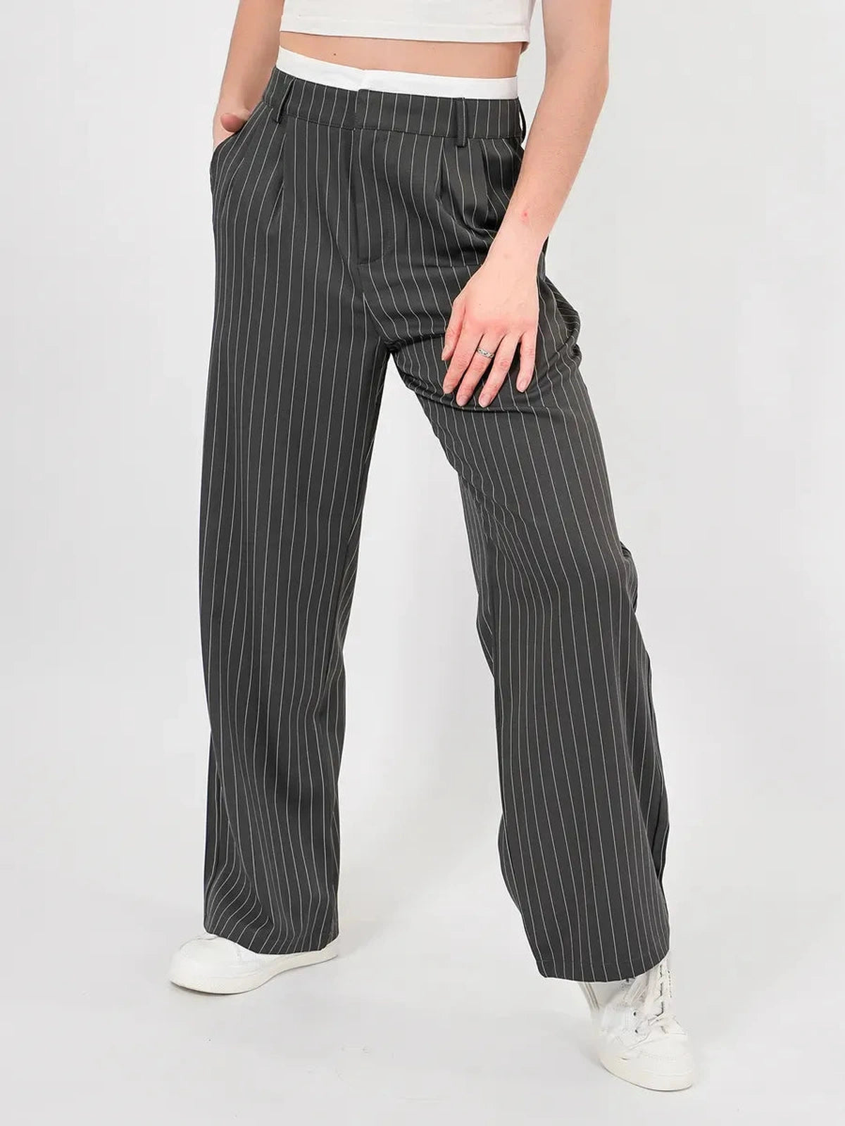 Luna Pants by Lauven, elegant high-waist wide-leg trousers with pinstripes, ideal for versatile styling.