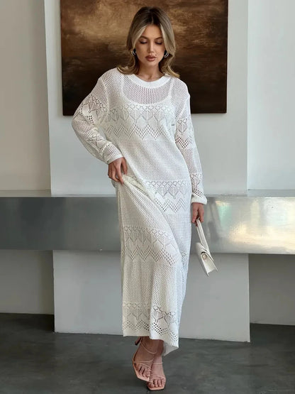 Aurelia Maxi Dress by Lauven, featuring airy crochet elegance and a modern open-knit design for summer styling.
