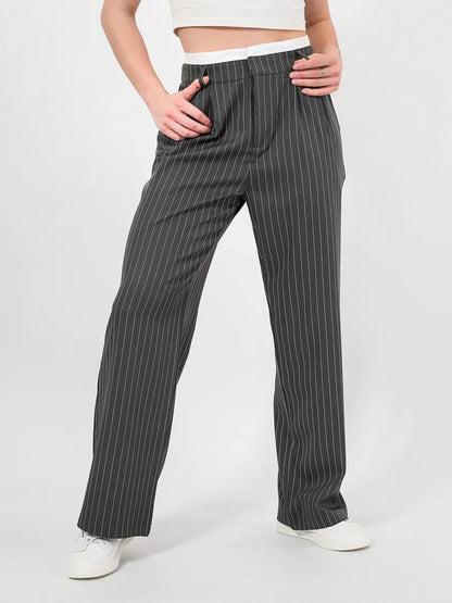 Lauven Luna Pants in gray with pinstripes, showcasing high-waist wide-leg design for elegance and comfort.