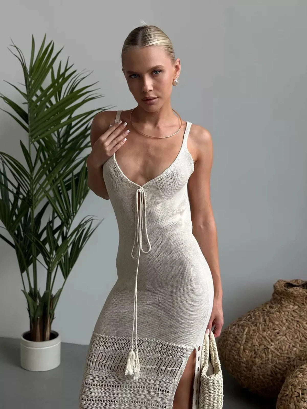 Lunara Maxi Dress by Lauven, featuring a soft knit texture and openwork hem for elegant summer style.