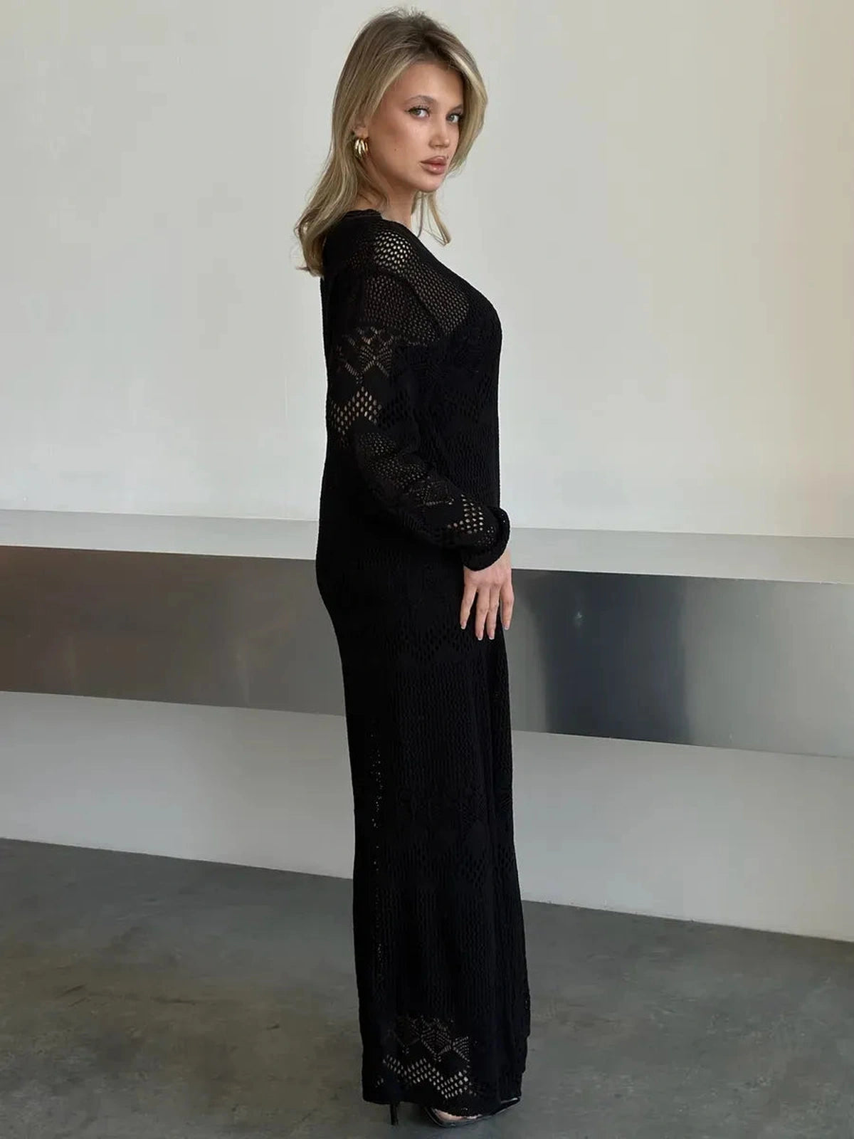 Lunara Maxi Dress by Lauven features an elegant black crochet knit design, perfect for summer evening style.