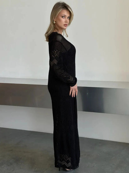 Lunara Maxi Dress by Lauven features an elegant black crochet knit design, perfect for summer evening style.