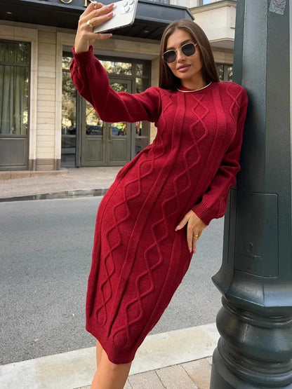 Crimson Midi Dress by Lauven, showcasing a classic textured knit design in burgundy, perfect for autumn and winter styles.