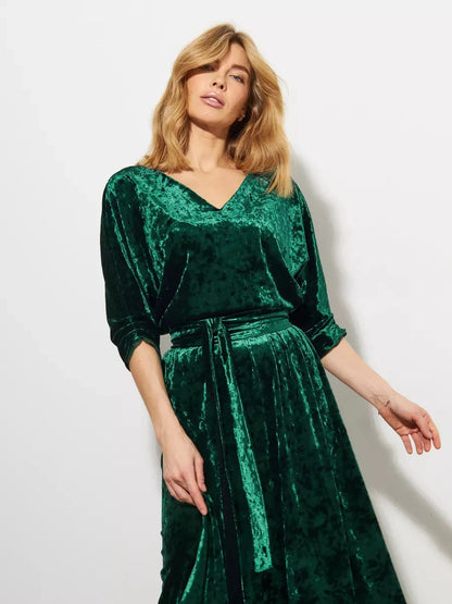 Emerelle Maxi Dress by Lauven, emerald green crushed velvet gown with soft V-neckline and flowing A-line skirt.