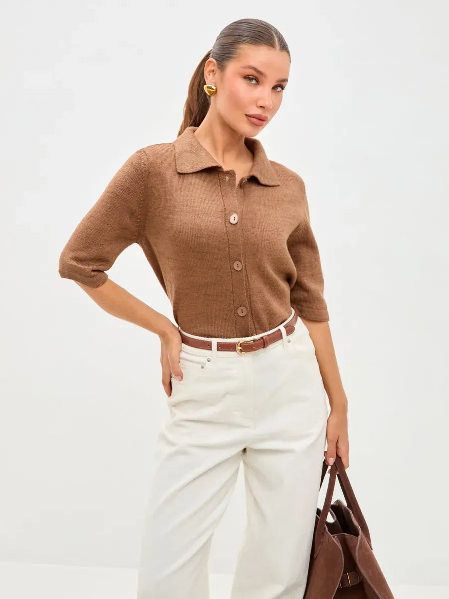 Marin Cardigan by Lauven, lightweight brown wool blend knitwear with button closure and relaxed fit.