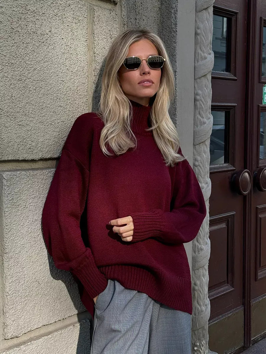 Aurelia Sweater by Lauven, oversized women's wool knit in burgundy with high turtleneck style.