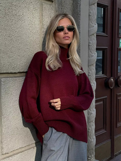 Aurelia Sweater by Lauven, oversized women's wool knit in burgundy with high turtleneck style.