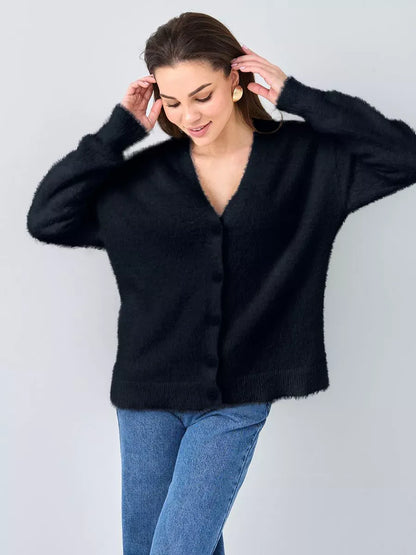 Obsidian Cardigan by Lauven - Plush black oversized knitwear with button closure, perfect for stylish women.