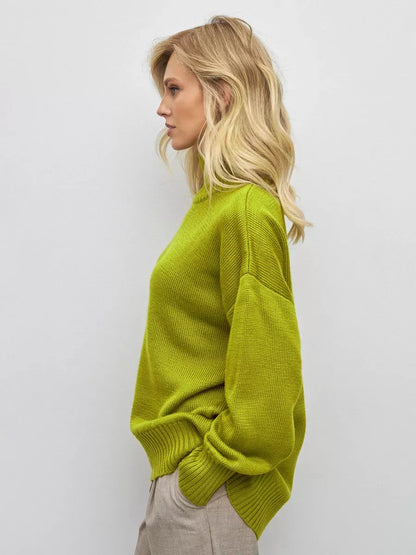 Vesper Sweater by Lauven, oversized women's knit with high turtleneck in vibrant pistachio green.