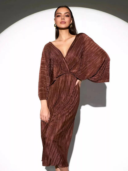 Vega Midi Dress by Lauven: Elegant chocolate pleated dress with V-neckline and flowing kimono sleeves.