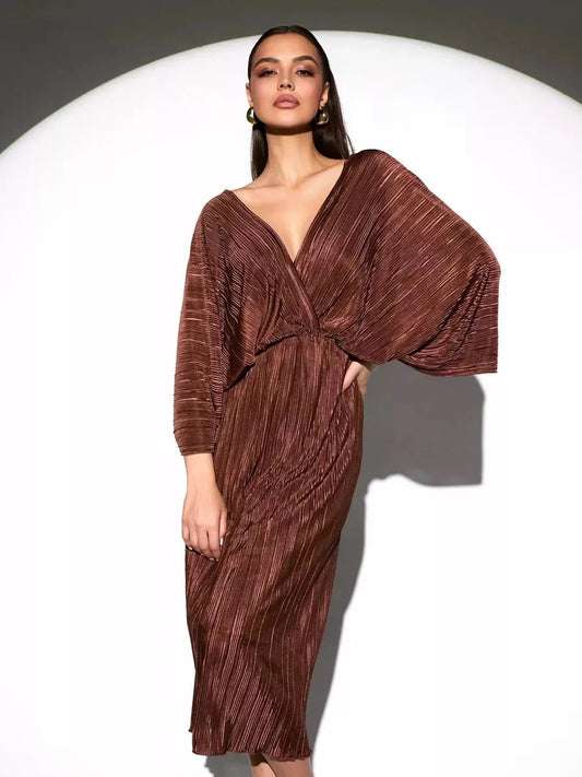 Vega Midi Dress by Lauven: Elegant chocolate pleated dress with V-neckline and flowing kimono sleeves.