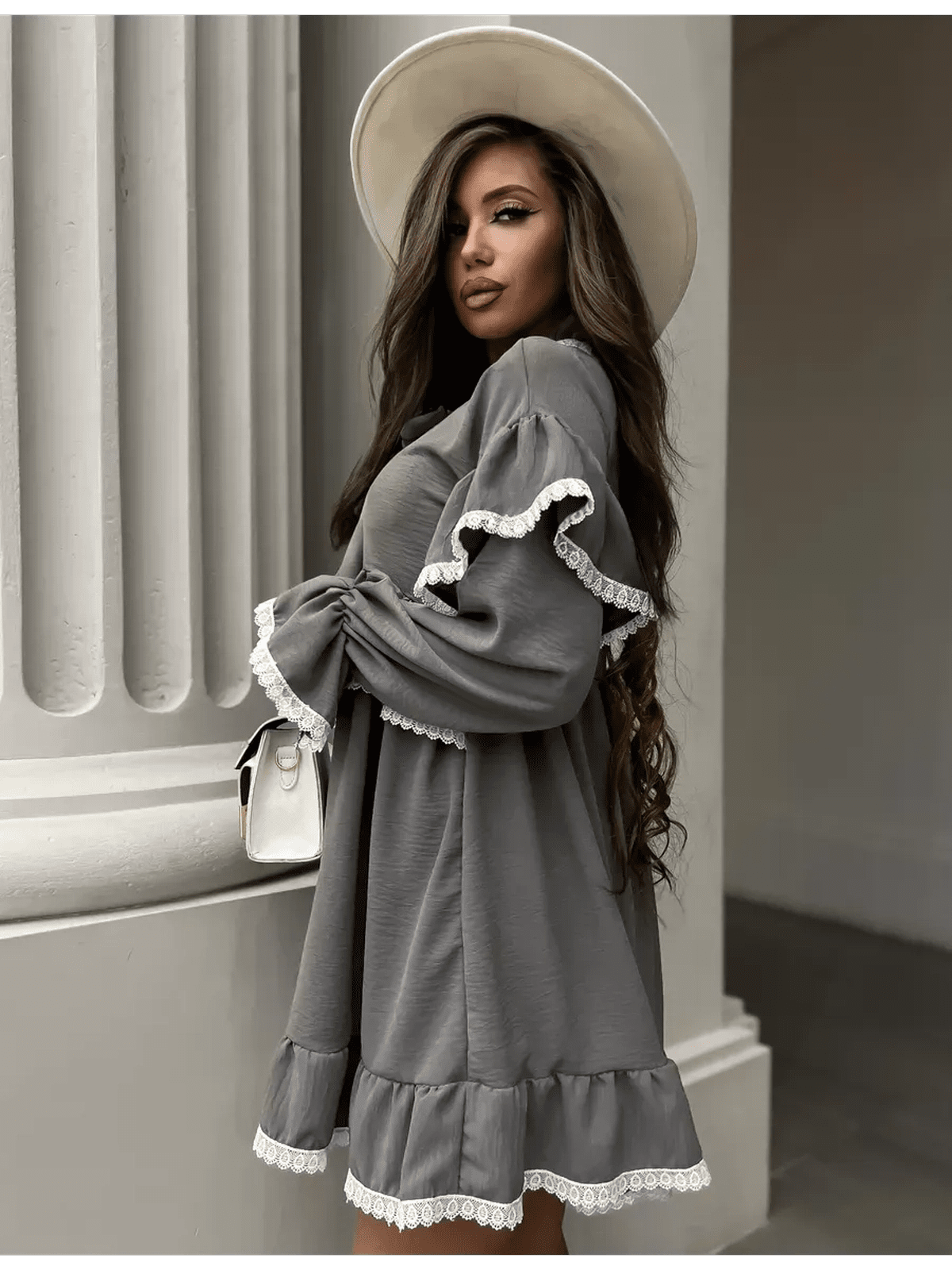 Luna Mini Dress by Lauven featuring elegant ruffled design and lace trim in gray, perfect for women's fashion.