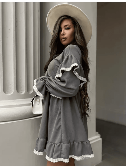 Luna Mini Dress by Lauven featuring elegant ruffled design and lace trim in gray, perfect for women's fashion.