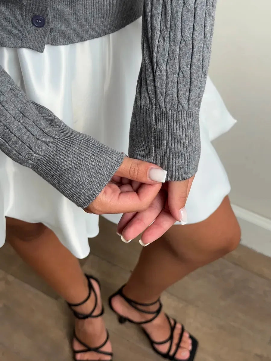 Sterling Cardigan by Lauven featuring lightweight grey viscose blend knitwear with cable knit detail and stylish sleeves.