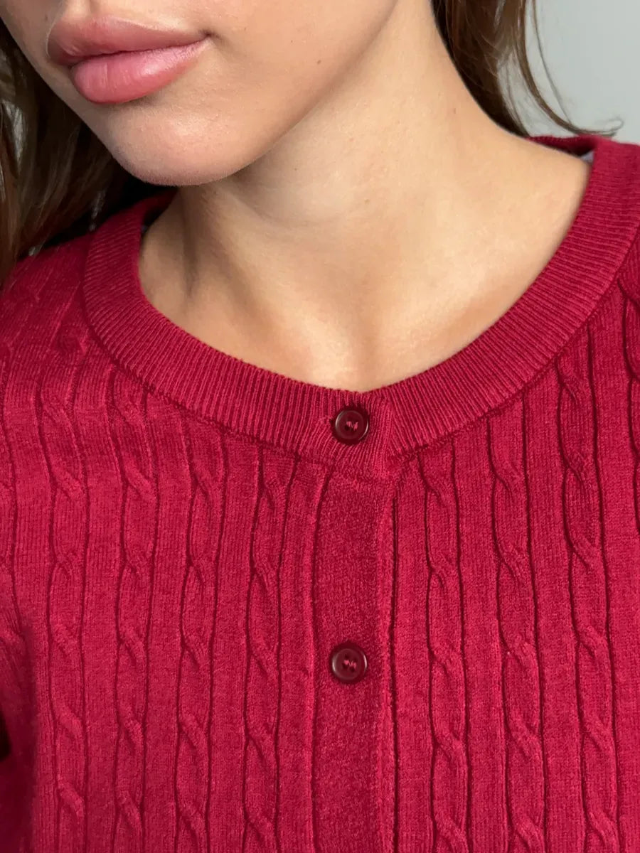 Sienna Cardigan in dark red knit with button detailing by Lauven, showcasing elegant ribbed texture and stylish design.