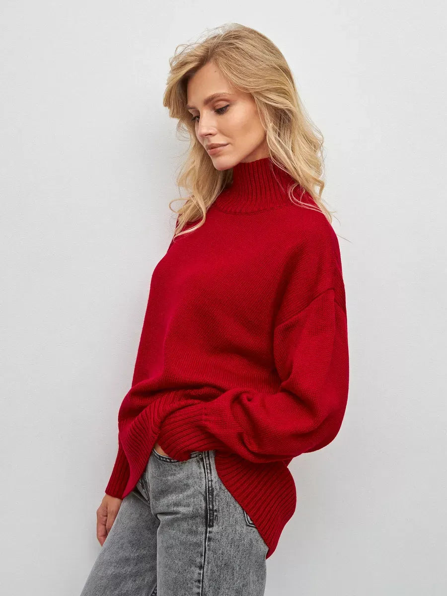 Sienna Sweater by Lauven, oversized women's knit turtleneck in deep red, ideal for cool-weather layering.