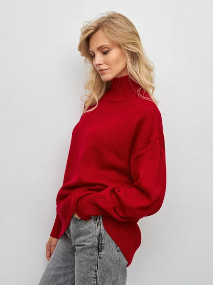 Sienna Sweater by Lauven, oversized women's knit turtleneck in deep red, ideal for cool-weather layering.
