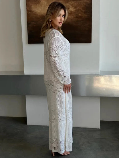 Aurelia Maxi Dress by Lauven, showcasing airy crochet elegance and modern style in a breathable design.