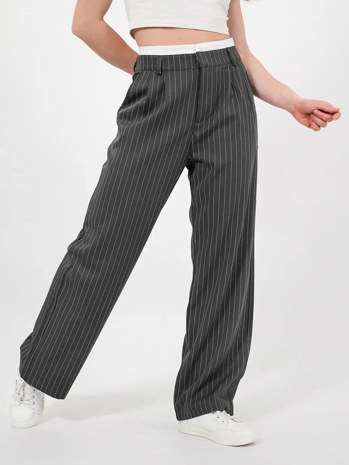 Luna Pants by Lauven, elegant high-waist wide-leg trousers in gray with subtle pinstripe pattern.