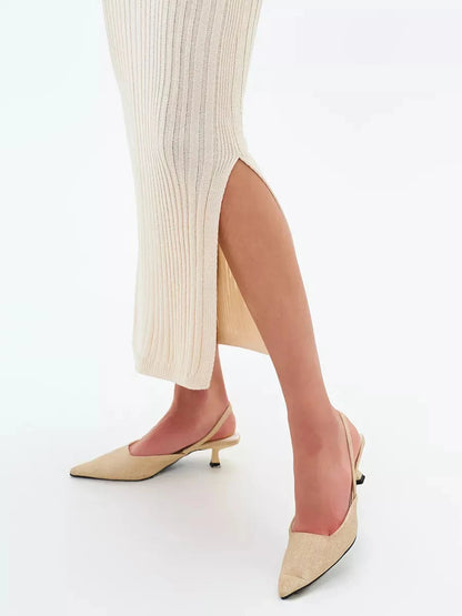 Evelyn Midi Dress side slit detail featuring elegant ribbed knit design by Lauven.