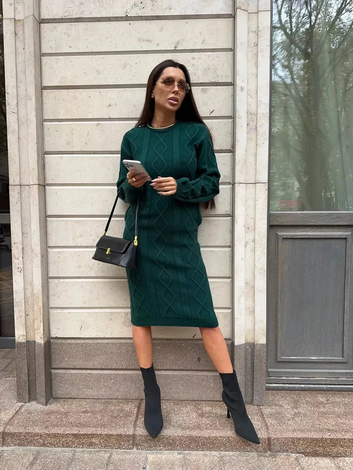 Selene Midi Dress by Lauven, elegant textured knit sweater dress in emerald color.